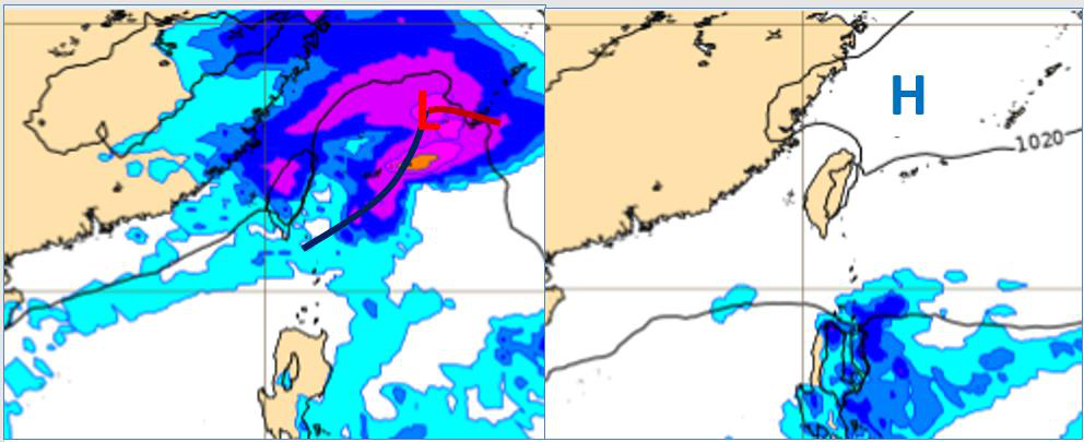 歐洲（ECMWF）模式模擬4日20時地面氣壓及降水圖（左圖）顯示，鋒面快速掠過，...