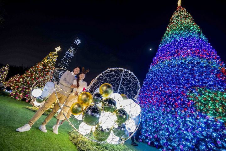 ▲西九文化區聖誕小鎮中央的「巨型聖誕樹」，樹上掛滿絢麗燈飾，樹頂綴滿閃耀星星。　圖：香港旅遊發展局／提供
