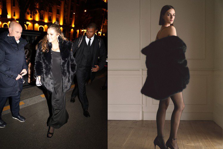 女星Selena Gomez日前於巴黎現身時，選穿了MANGO的派對系列皮草短大衣現身，高雅與性感兼具。圖／Splash、MANGO提供