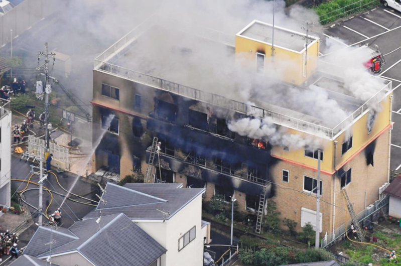 被告青葉2019年7月在京都市伏見區的京阿尼第一工作坊潑灑汽油縱火，造成36死32傷。美聯社