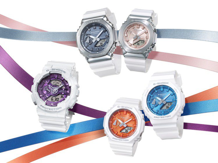 G-SHOCK一口氣推出5款限量冬季系列腕表，其靈感源自冬日耶誕燈飾，因此利用表盤呈現繽紛金屬色彩。圖／CASIO提供