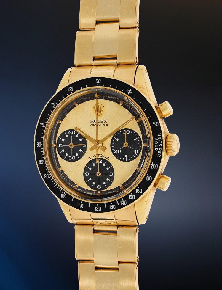 勞力士型號6264黃金計時鍊帶腕表，配「Paul  Newman Lemon」表盤，約1970年製，成交價96萬5,200美元。圖／富藝斯提供