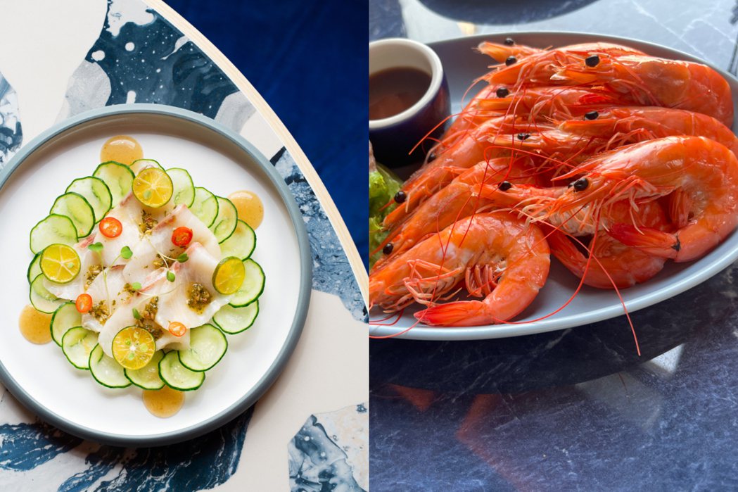 金桔醋漬海鱺魚（左），燙活蝦（右）。 圖／永心浮島提供