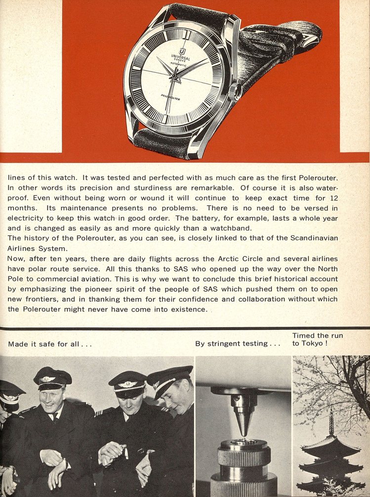 1950年代Univesal Genève推出了Polerouter腕表，是由當時還年輕、日後設計出無數經典的Gerald Genta所操刀。圖／百年靈Breitling提供