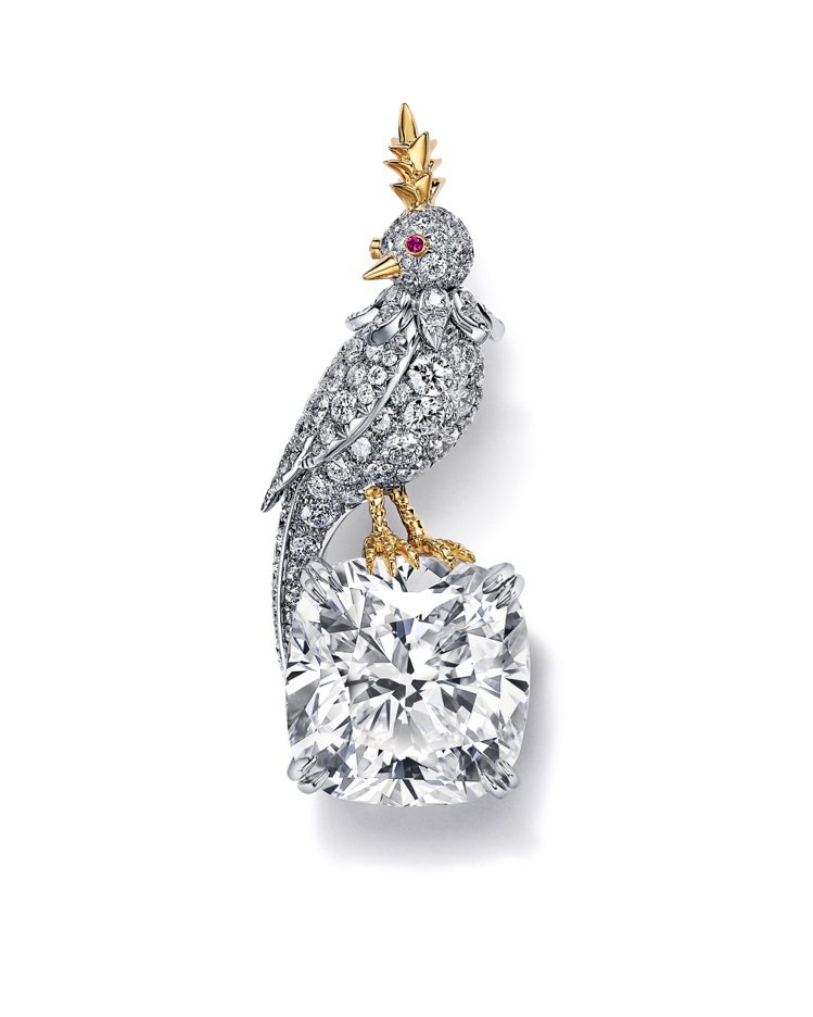 Schlumberger by Tiffany & Co.石上鳥高級珠寶系列回眸鳥胸針，鉑金與18K金鑲嵌主石逾22克拉D，IF等級鑽石。圖／Tiffany提供