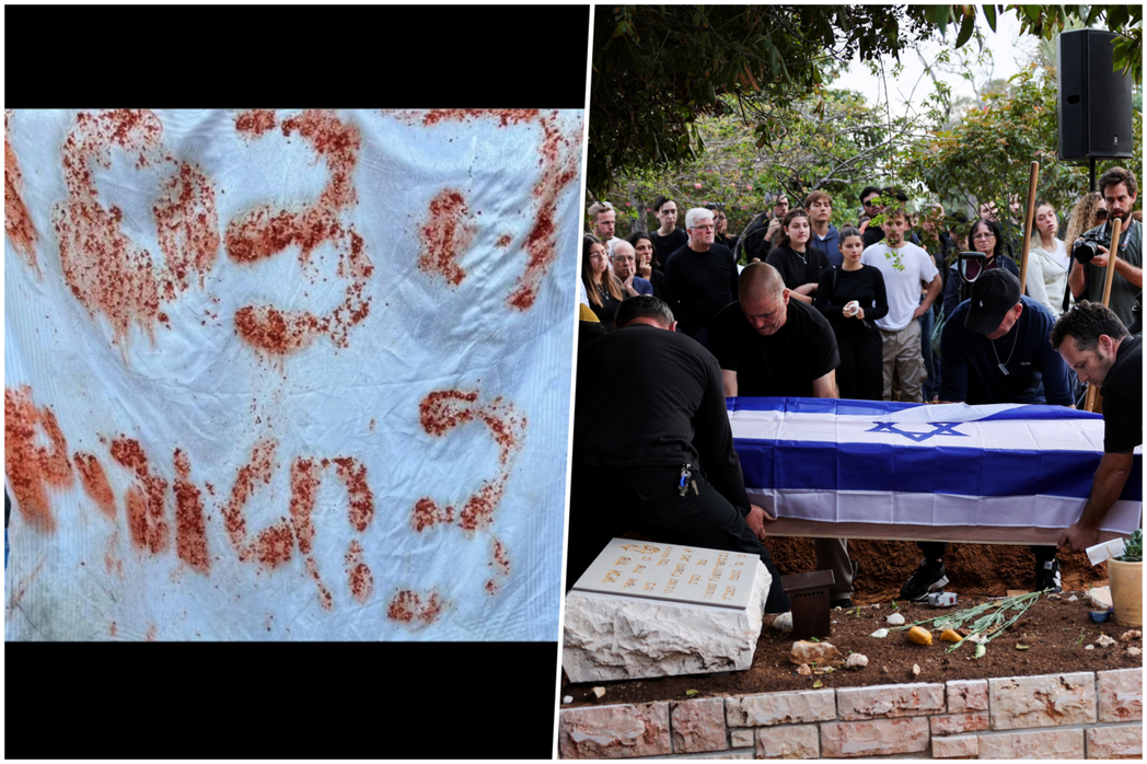左為人質用食物寫下求救訊息的白布，右為被誤殺的人質沙姆里茲的葬禮。 圖／IDF、...