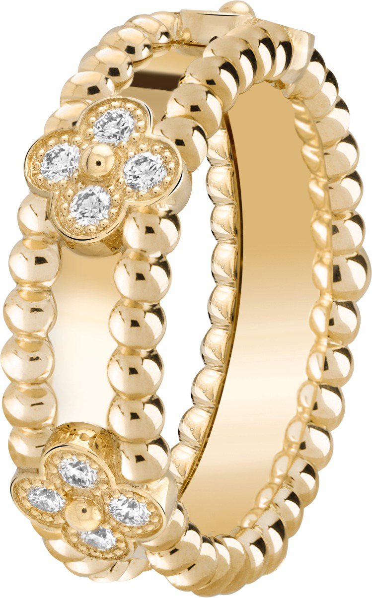 Perlée Sweet Clover 戒指，黃K金鑲嵌鑽石，約24萬6,000元。圖／梵克雅寶提供