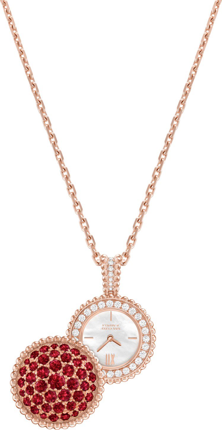 Perlée Secret神秘表，玫瑰金鑲嵌鑽石與紅寶石，配白色珍珠母貝表盤，212萬元。圖／梵克雅寶提供