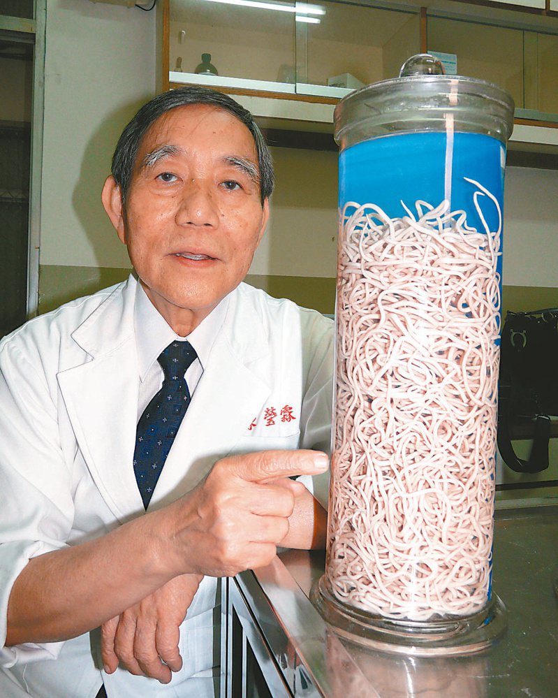 陳瑩霖將過去在一名孩童身上驅出的一千八百多隻蛔蟲製成標本，蟲體數量多到驚人。圖／本報資料照片