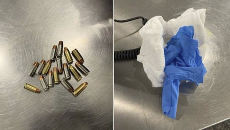 這張美國運輸安全局提供的組圖顯示，紐約拉瓜地亞機場的安檢人員20日在一塊免洗嬰兒尿片內搜出17顆子彈。圖／美聯社