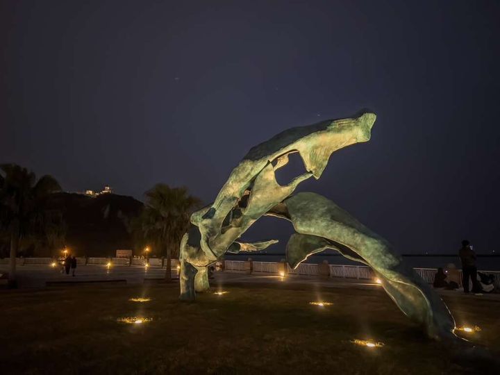 ▲夜晚燈光投射之下的「海洋之舞」。　圖：高雄市政府觀光局／提供