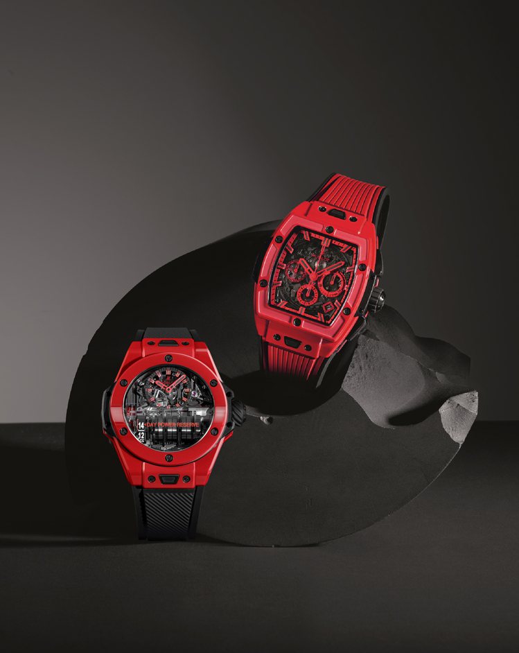 （由左至右）HUBLOT Big Bang MP-11魔力紅陶瓷腕表和Spirit of Big Bang魔力紅陶瓷計時碼表。圖／宇舶表提供