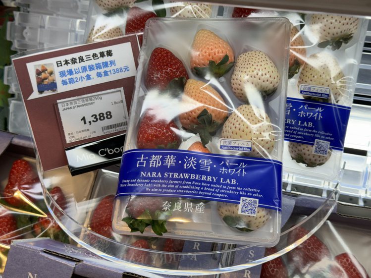 Mia C’bon開幕限量首賣日本奈良三色草莓，一次嚐鮮少見的古都華、淡雪品種草莓。記者黃筱晴／攝影