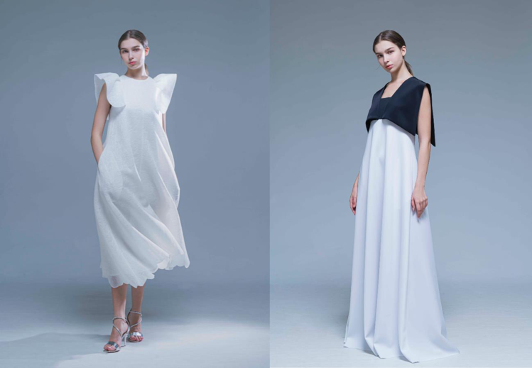 （由左至右）白色環保禮服、白黑環保禮服等輕量化的環保婚紗備受年輕世代喜愛。圖／LinLi Boutique提供