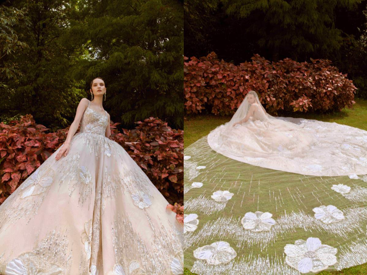 Estelle公主系列款婚紗採用手工綴飾花朵細節。圖／LinLi Boutique提供