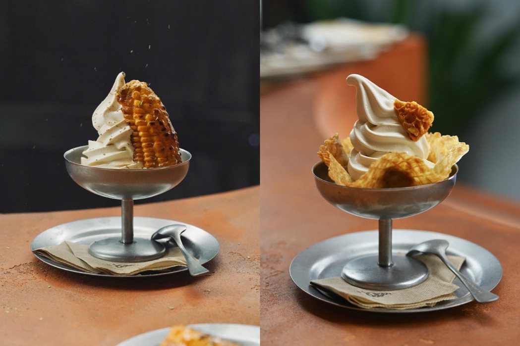 玉米慕斯霜淇淋（左）、蜂巢脆餅海鹽焦糖霜淇淋（右）。 圖／木更提供