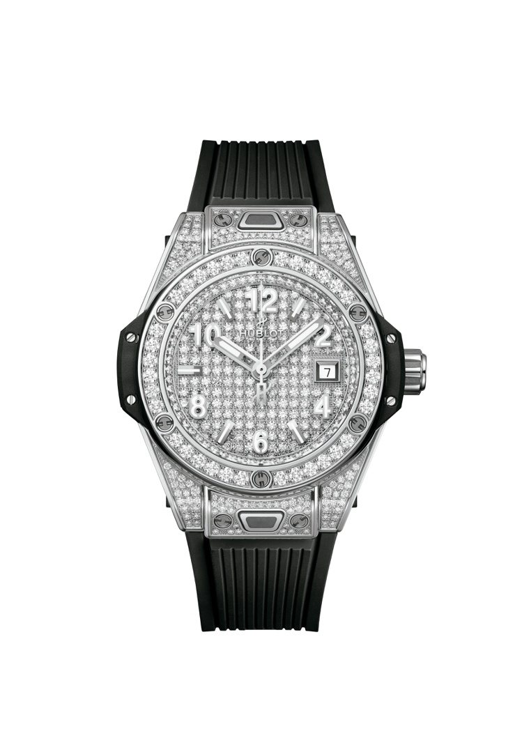 Big Bang One Click精鋼滿鑽腕表，39毫米滿鑽款，:124萬元；33豪米滿鑽款，101萬1,000元。圖／宇舶表提供