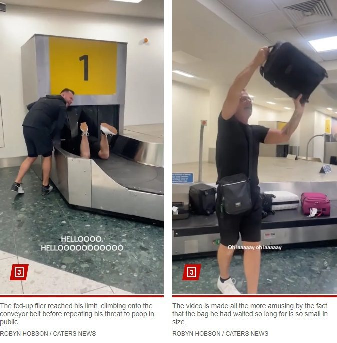 男子跳上輸送帶大吼，後來終於拿到自己的行李。圖擷自紐約郵報