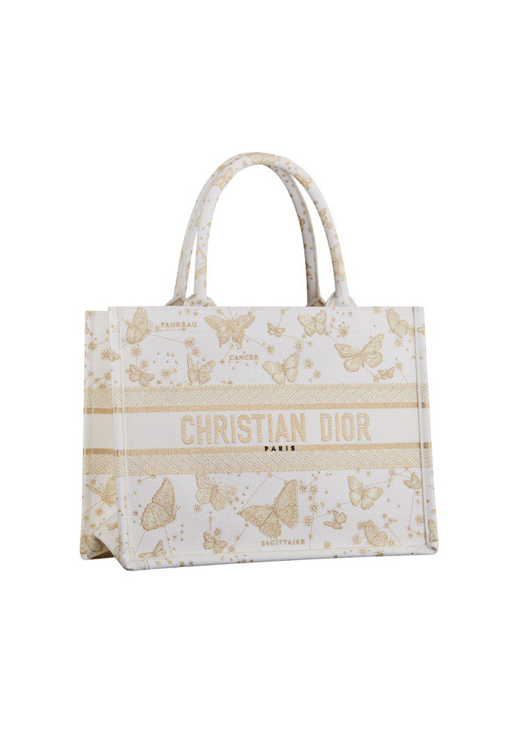 DIOR BOOK TOTE金色BUTTERFLIES ZODIAC刺繡中型托特包，11萬5,000元。圖／Dior提供