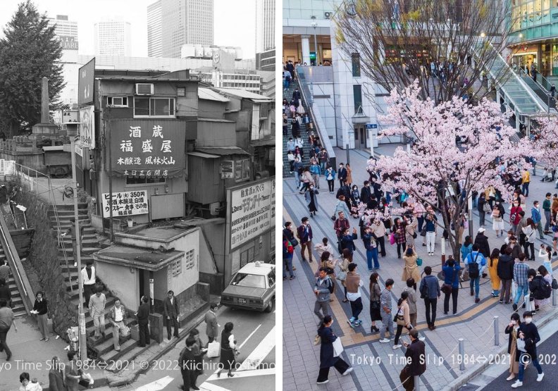 東京新宿站東南口，1984年與現今對比。Instagram@tokyo_timeslip