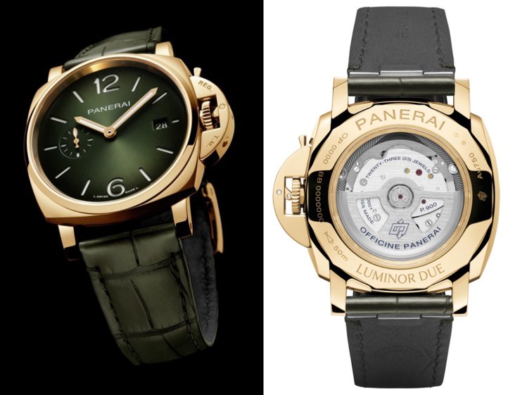黃金表殼搭配漸層綠色的Luminor Due（PAM 1423）腕表，古典、大方。圖／PANERAI提供