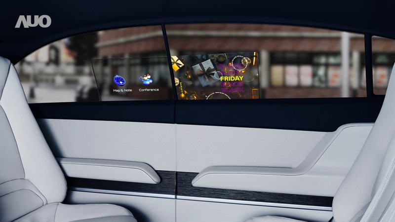 友達「互動式透明智慧車窗」將高透明Micro LED顯示器整合到車側窗，並搭載觸控功能，進行娛樂、線上視訊會議及安全示警資訊顯示，引領沉浸式座艙創新感受。友達／提供