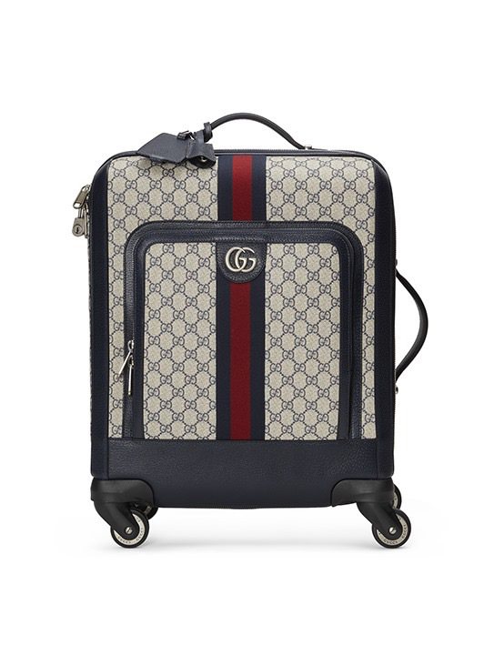 Gucci savoy中型行李箱，GG印花、藍色皮革飾邊，價格電洽。圖／GUCCI提供