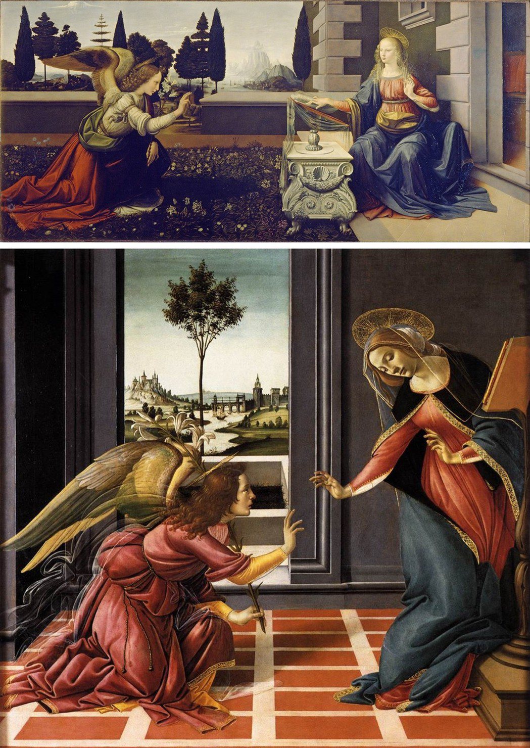 上圖：達文西《聖母領報》（1472），下圖：波堤且利《聖母領報》（1489）。它...
