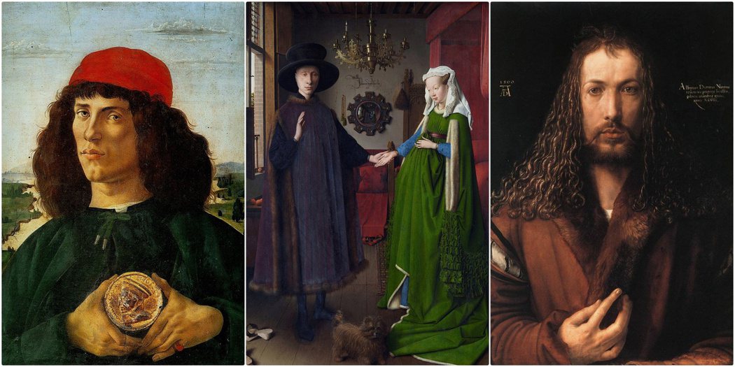 在達文西之前的藝術家也已不斷嘗試人物肖像的畫法，由左至右：義大利波提且利《手持老...