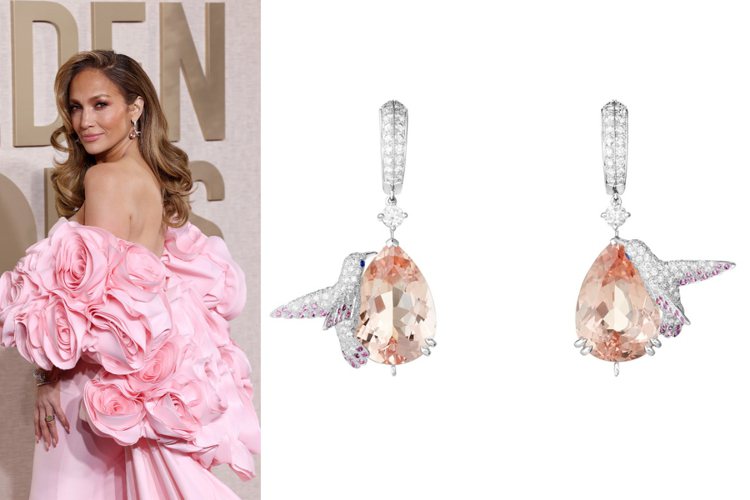 Jennifer Lopez除了粉紅玫瑰洋裝十足戲劇效果，耳畔的Boucheron的Animaux動物系列Hopi耳環，更以不對稱、搶眼的寶石，一秀雀躍、靈動與輕快。圖／Boucheron提供（合成圖）