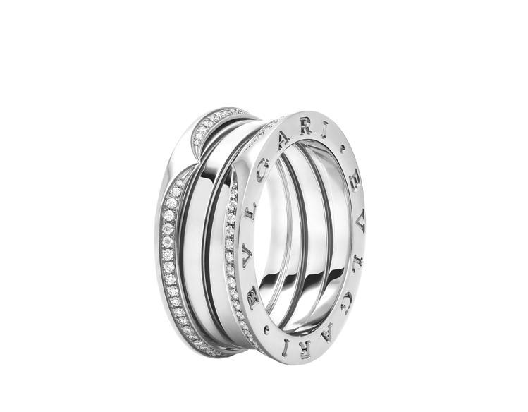 BULGARI B.zero1系列白K金三環鑲鑽戒指，價格店洽。圖／寶格麗提供