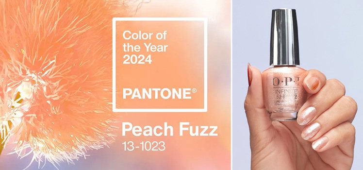2024年度代表色「Peach Fuzz柔和桃」，也能呼應到指尖的顏色。圖／OPI提供