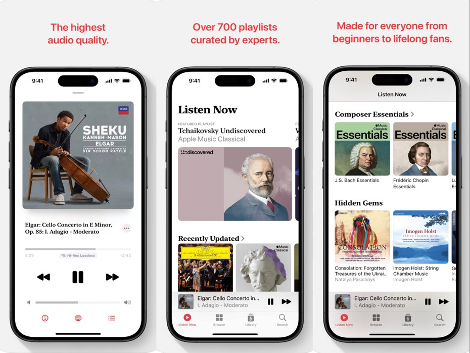 Apple Music古典樂提供數千項根據相關作品和作曲家精心挑選的推薦內容，以及700多個精選歌單。圖／蘋果提供