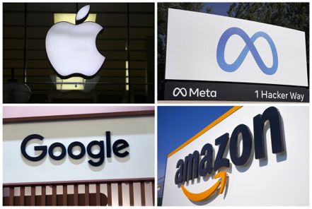 分析師說，由蘋果、Meta、亞馬遜、Google母公司Alphabet等七家市值最大美國上市公司所組成的「七大巨頭」，合計市值相當於加拿大、日本和英國股市的市值總和。 圖／美聯社