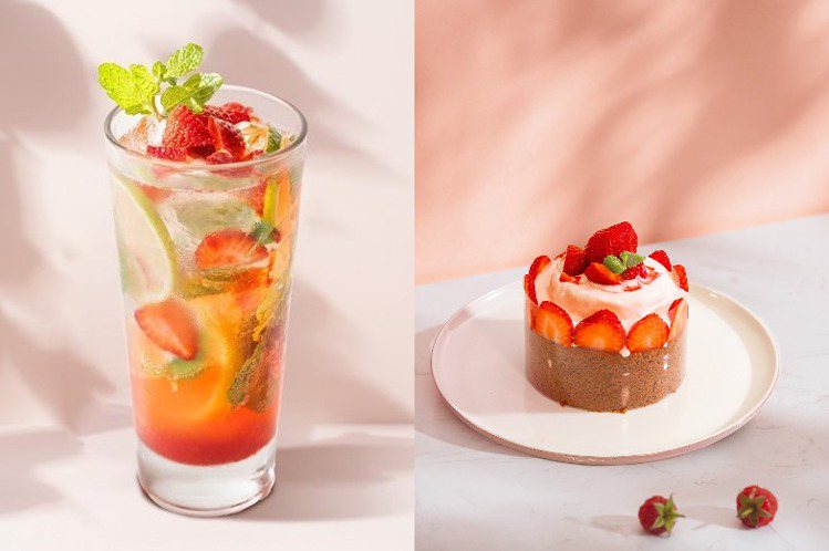 「草莓莫希多蘇打」（左）每杯200元與「草莓雪霜戚風」每份360元。圖／三澧餐飲集團提供