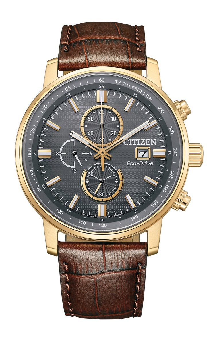 CITIZEN光動能計時CA0843-11H腕表，鍍玫瑰金精鋼表殼與皮革表帶，15,900元。圖／CITIZEN提供