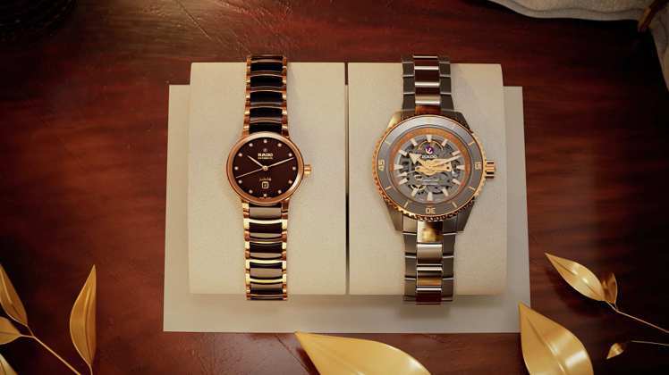 （左）Centrix晶萃系列鑲鑽自動機械腕表棕色款，86500元，（右）Captain Cook庫克船長電漿高科技陶瓷鏤空表，14萬5400元。圖／RADO提供