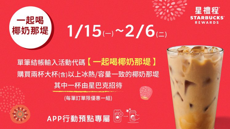 星巴克宣布於1月15日至2月6日，推出星禮程會員行動預點「椰奶那堤好友分享」優惠活動。圖／摘自星巴克官網