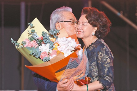 金仁寶集團董事長許勝雄（左）在集團旺年會中親吻夫人蔡麗珠（右）。 記者林澔一/攝影