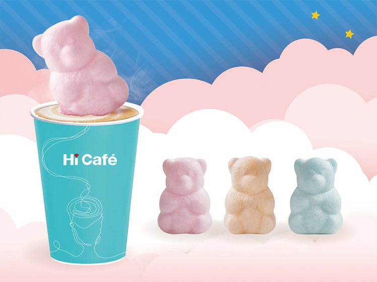 1月31日至3月12日至萊爾富門市購買任一Hi Café全系列商品加20元，即可獲得一個限量熊熊棉花糖（顏色隨機，售完為止）。圖／萊爾富提供