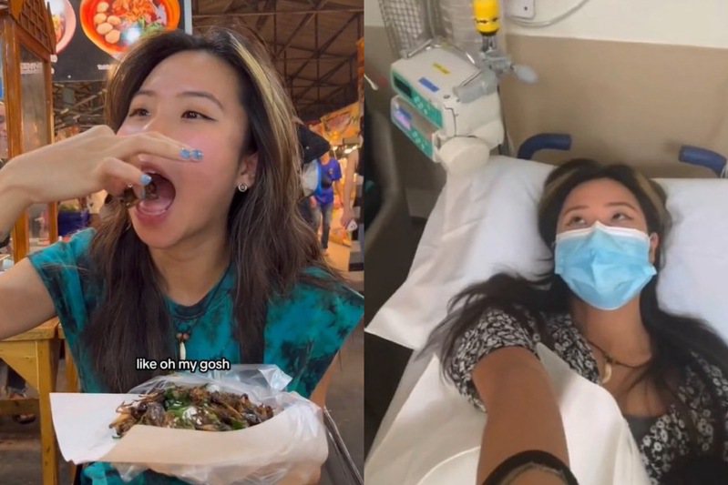 女網紅「Nicolette Wee」到泰國旅遊，迷上吃炸昆蟲、炸蠶寶寶，卻因吃太多引發腹瀉進醫院。圖片來源/TikTok「nicolettecalliewe」