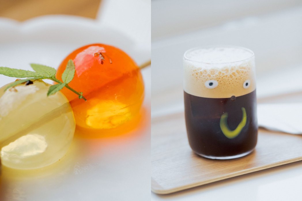 左為澄香台茶果凍球，右為展覽限定器皿，此玻璃杯為安達寿英之作。 圖／ photo...