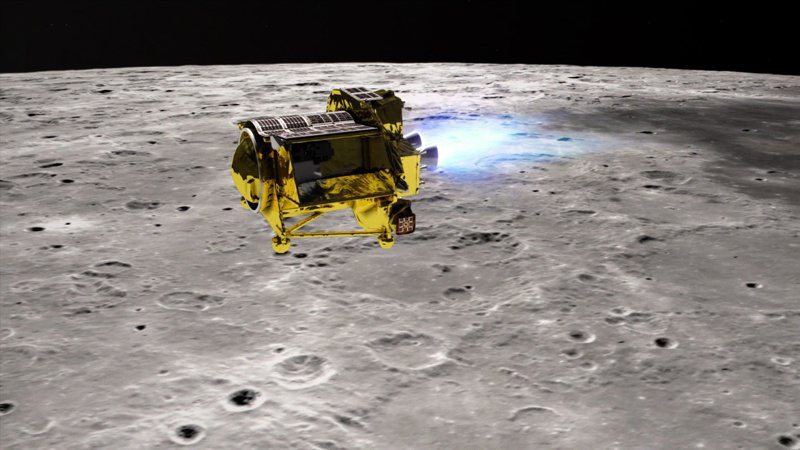 日本宇宙航空研究開發機構（JAXA）今天透露，小型無人探測器SLIM日前降落月球表面後，傳輸完著陸時的畫面數據等資訊後，JAXA已刻意切斷了電源，避免之後重啟時發生異常。圖為SLIM（月球勘測智慧登陸器）在月球上空巡航示意圖。歐新社