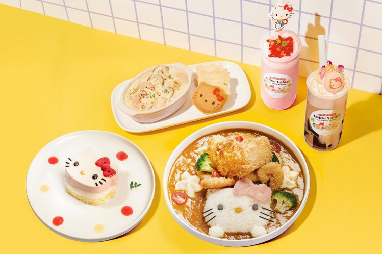 迎接Hello Kitty 50週年，蘋果村親子餐廳春季菜單讓你擁有整桌的Hello Kitty。圖／蘋果村親子餐廳提供