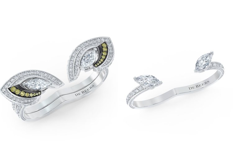 De Beers Forces of Nature 高級珠寶系列豹leopard嵌套式戒指，鍍銠白金鑲嵌一顆0.71克拉和一顆0.73克拉欖尖形切割鑽石、橄欖綠色彩鑽，409萬元。圖／De Beers提供