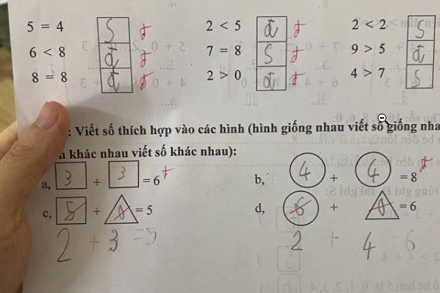 越南一名媽媽分享，孩子的數學考卷中有兩道題明明答案都寫對，卻被老師打叉，讓她不明所以。圖片來源／「phunuphapluat」