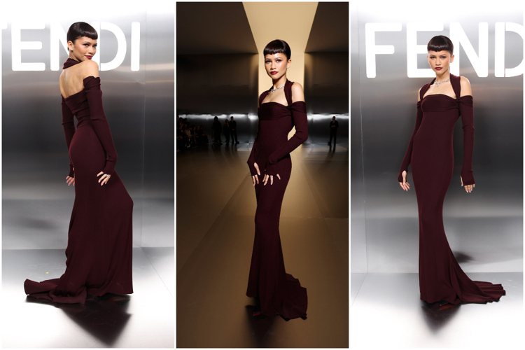 女星千黛雅出席FENDI 2024春夏高級訂製服大秀，一身酒紅色禮服雍容華貴、同時小秀美感。圖／FENDI提供（合成圖）
