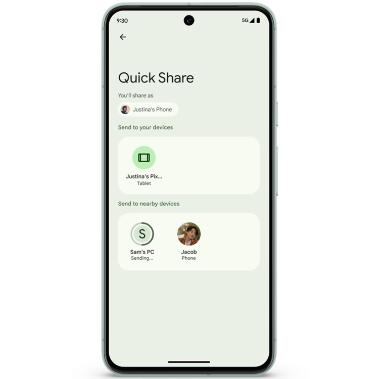 Pixel手機只要輕觸分享工作表中的「快速分享」，就能快速與其他Android、ChromeOS和Windows生態系統的相容裝置分享自己手機上的照片、文件和文字。圖／Google提供