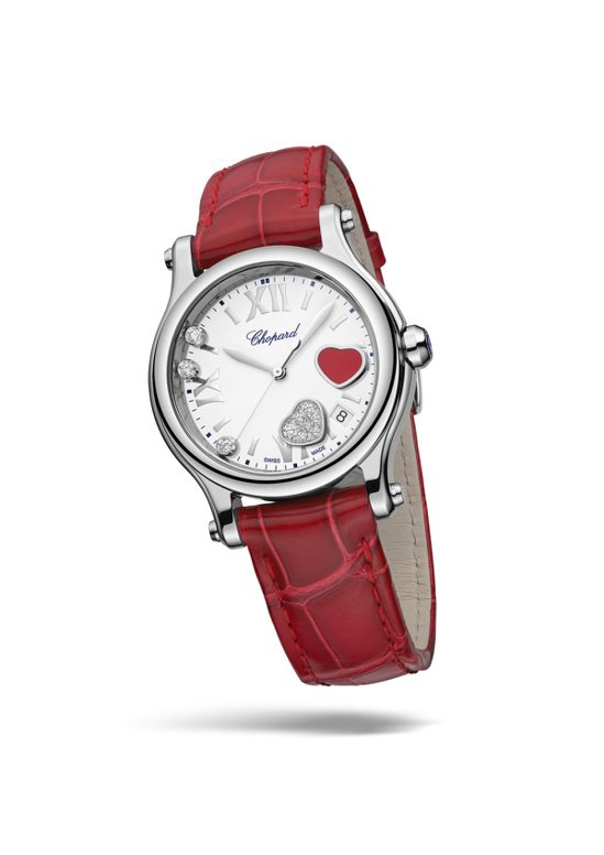 Happy Sport精鋼腕錶，搭配紅色鱷魚皮錶帶。 圖／Chopard 提供
