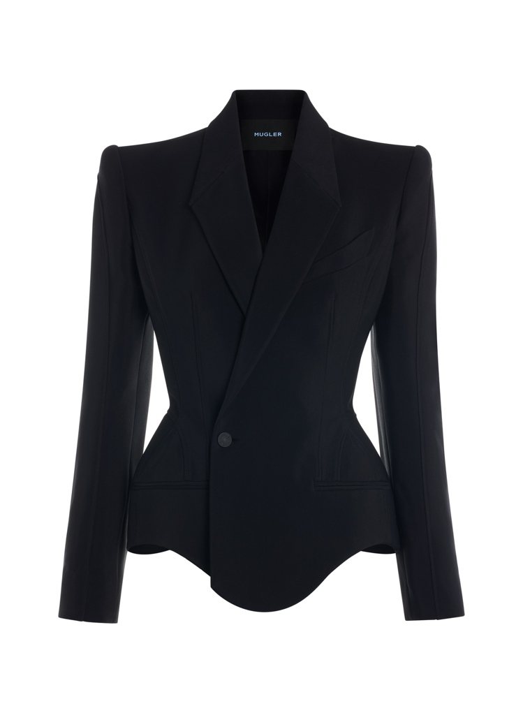 MUGLER春夏系列黑色墊肩收腰西裝外套，80,280元。圖／Onefifteen提供